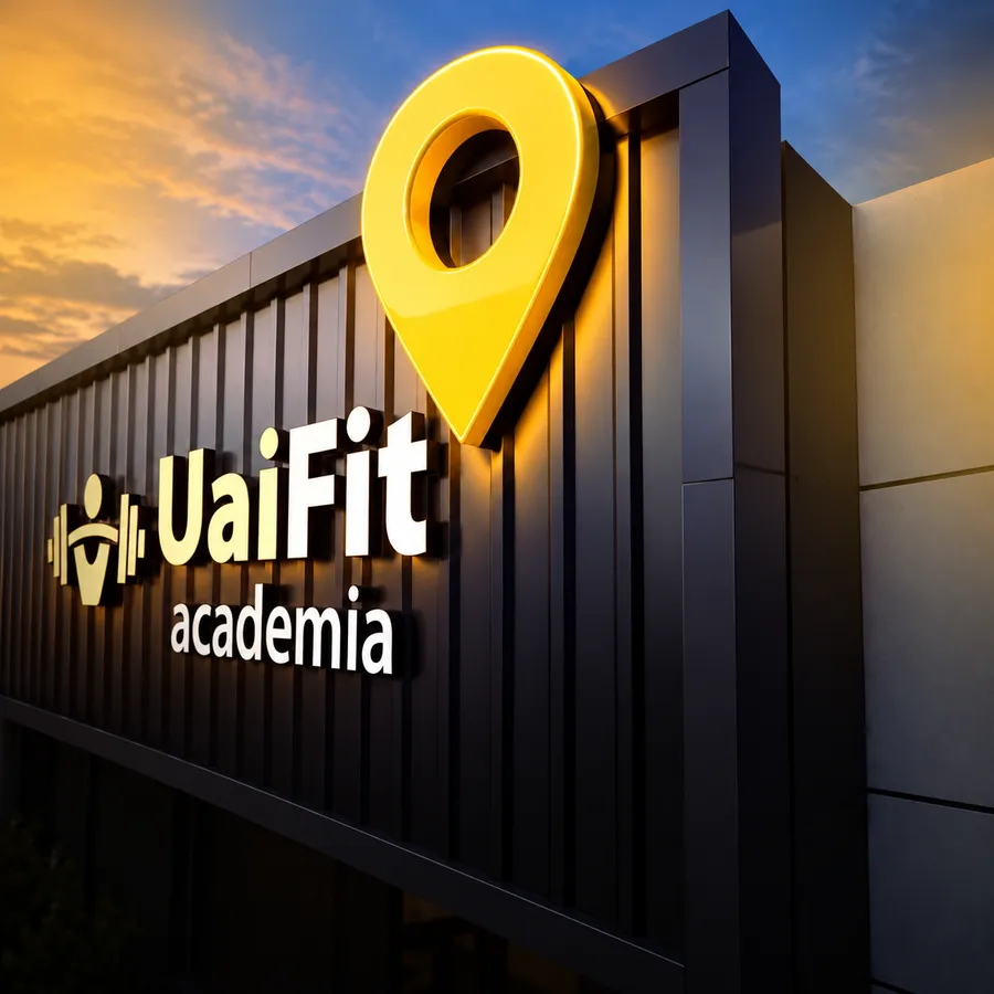 Letreiro da UaiFit Academia com o pin de localização